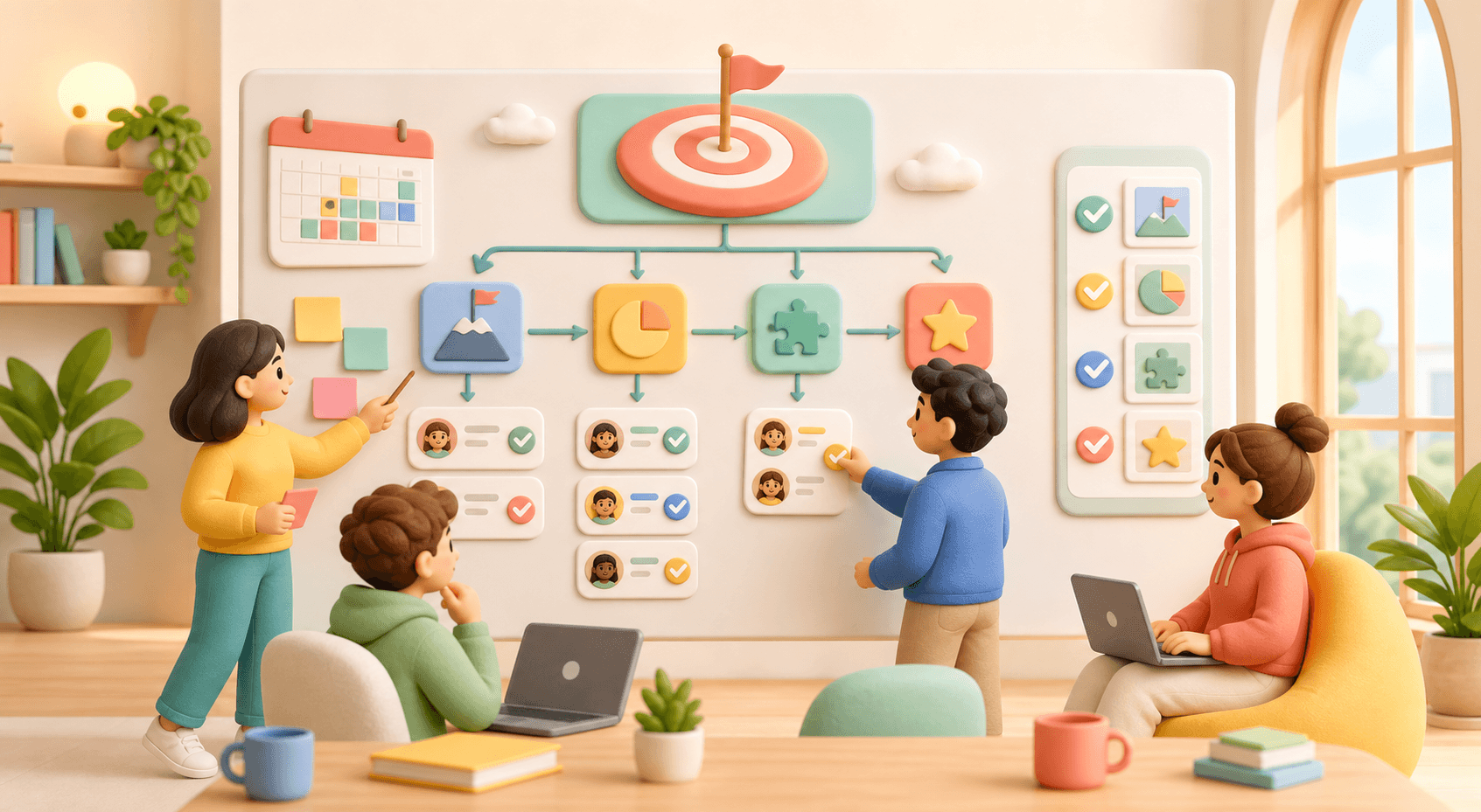 A team planning shared goals on a bright board with tasks and checkmarks.